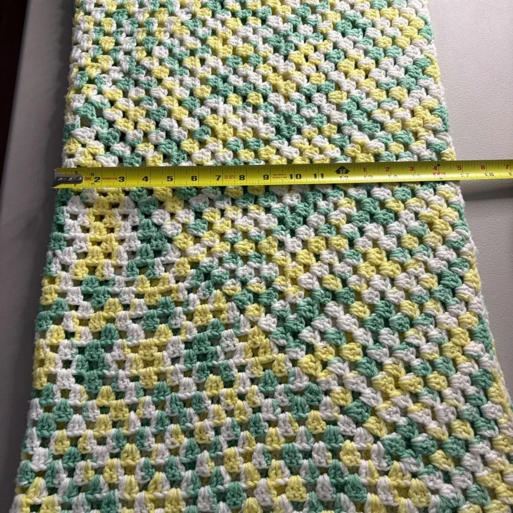 Handmade Crochet Baby Blanket Mint Green Yellow White Granny Square Afghan 32x36